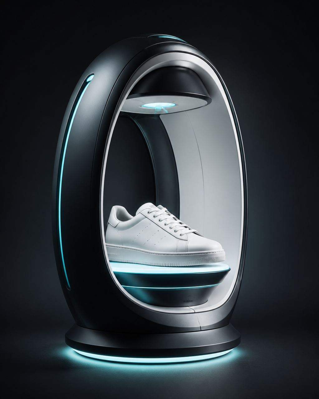 ShuPod concept visualization — an intelligent footwear-care pod with a sneaker on its illuminated platform